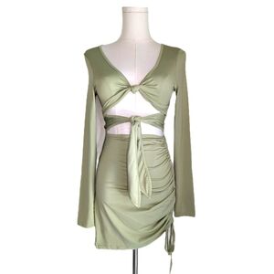 Green tie knot crop cutout top and ruched mini skirt set